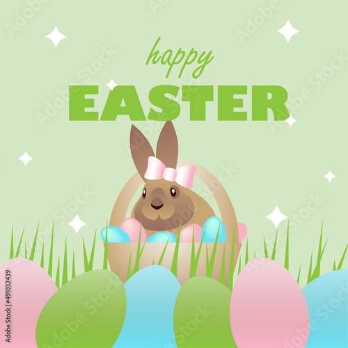 Easter bunny with a bow-knot and a busket of Easter eggs on light green background and grass, flat vector illustration