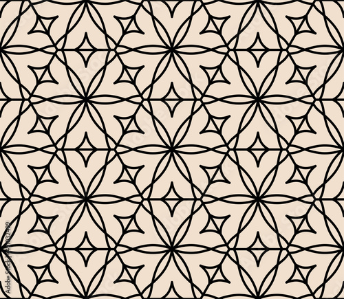 Vintage geometric pattern with black line on beige background. Art deco retro wallpaper for your design. Tile ornament with abstract flowers and rhombus.