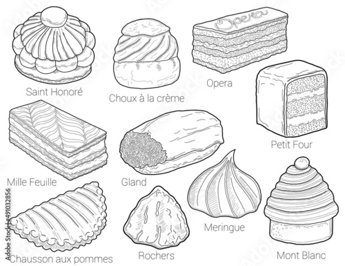 Slika na platnu Pastry Pattiserie Types Collection Black and White Hand Drawn Illustration Baker