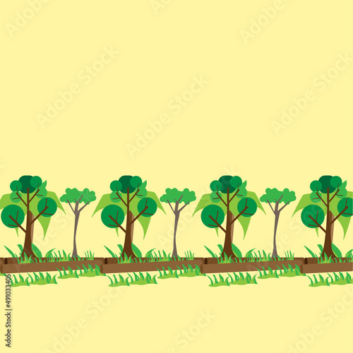 Cartoon tree style seamless pattern, palm tree and grass. For fabric, scrapbooking, surface design
