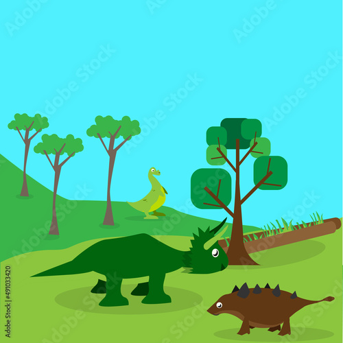 Cute kids dinosaur in landscape with tree and more type of dinosaur. For fabric, scrapbooking, surface design