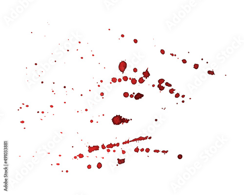Watercolor splatter drops from wine blood paint, red burgundy color, isolated, white background. Vector illustration