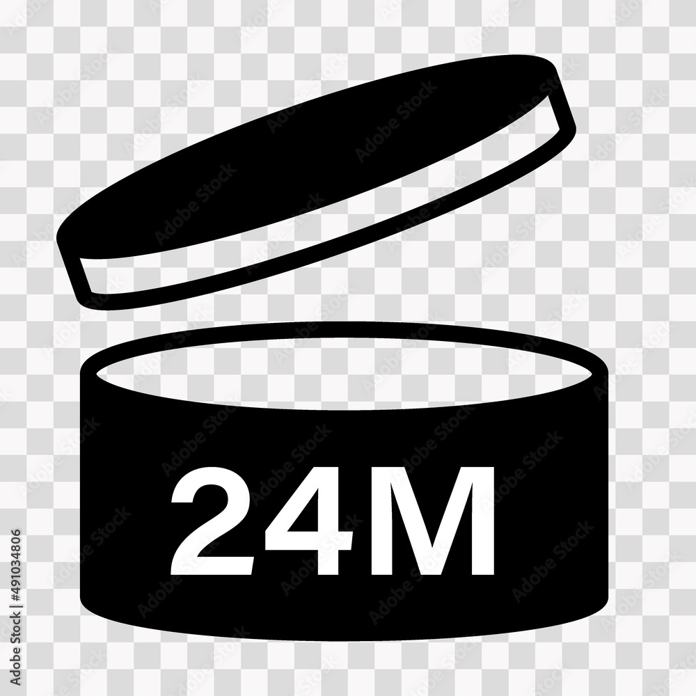 PAO cosmetic icon, mark of period after opening. Expiration time after package opened, black label. 24 month expirity on transparent background, vector illustration PAO cosmetic icon, mark of period after opening. Expiration time after package opened, black label. 24 month expirity on transparent background, vector illustration