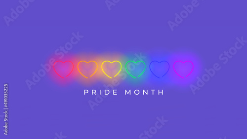 Pride month banner concept with neon hearts. Vector illustration with neon hearts in rainbow color on violet background. Symbol of pride month. Concept of LGBT promo banner.