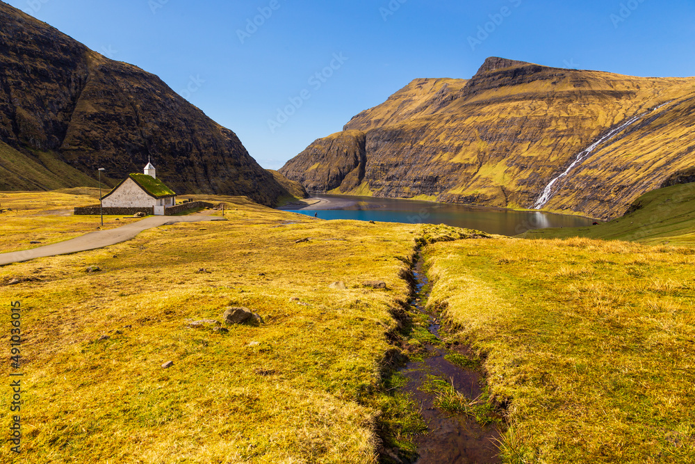 View of the Saksunar Church in small village on Streymoy island. Saksun, Faroe Islands.