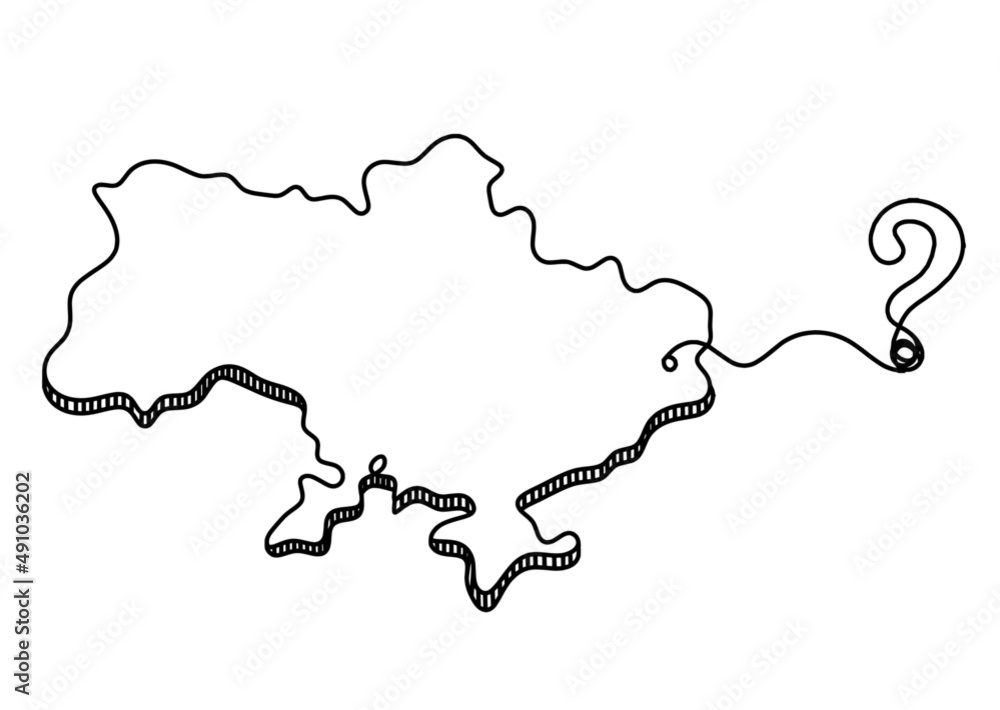 Map of Ukraine with question mark as line drawing on white background Map of Ukraine with question mark as line drawing on white background