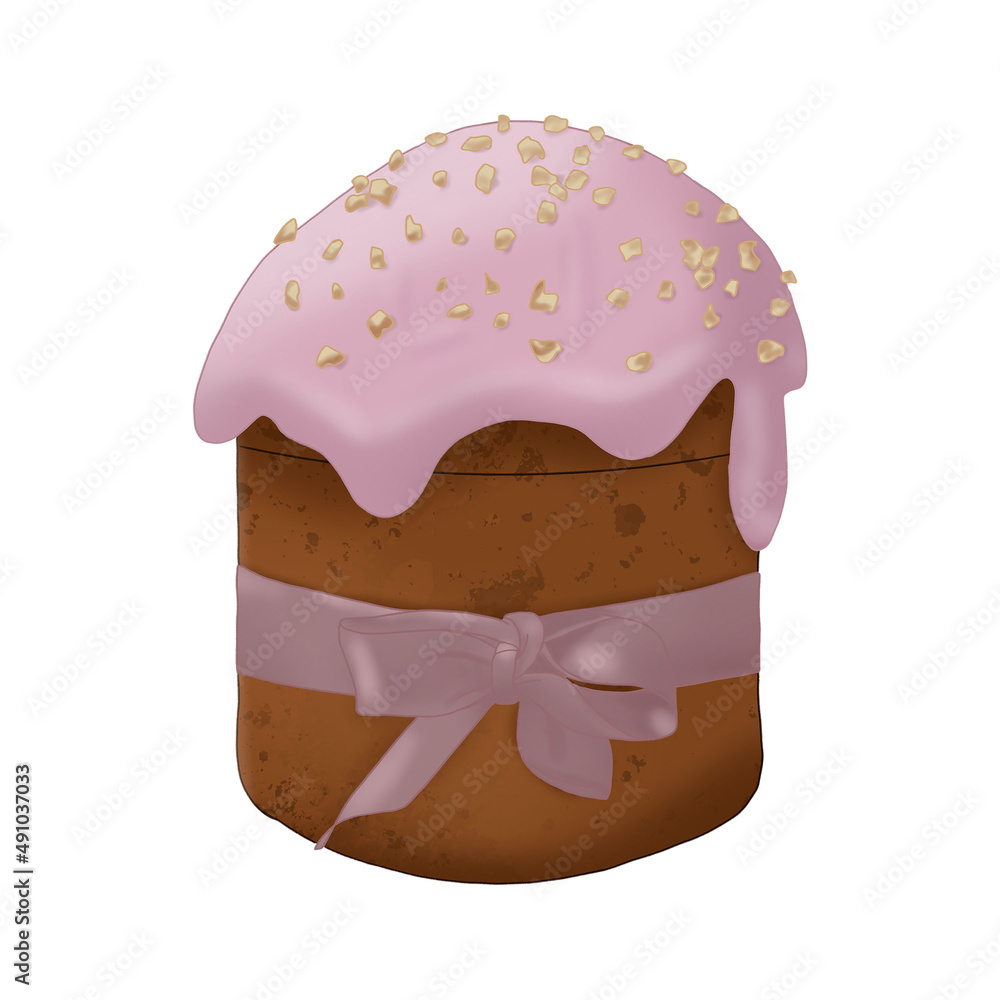 easter cake with pink icing with a ribbon pastries isolated object on a white background gentle colors raster drawing.. easter cake with pink icing with a ribbon pastries isolated object on a white background gentle colors raster drawing..