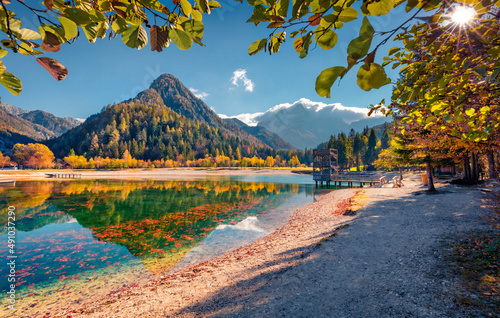 Fototapeta Naklejka Na Ścianę i Meble -  Beautiful Alps scenery. Attractive morning view of Jasna lake. Wonderful autumn scene of Julian Alps, Gozd Martuljek location, Slovenia, Europe. Beautiful landscape of Triglav National Park.