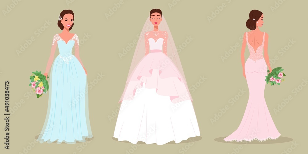 Set of brides in beautiful dresses and hairstyles with bouquets in their hands. Vector illustration of flat style, cartoons.