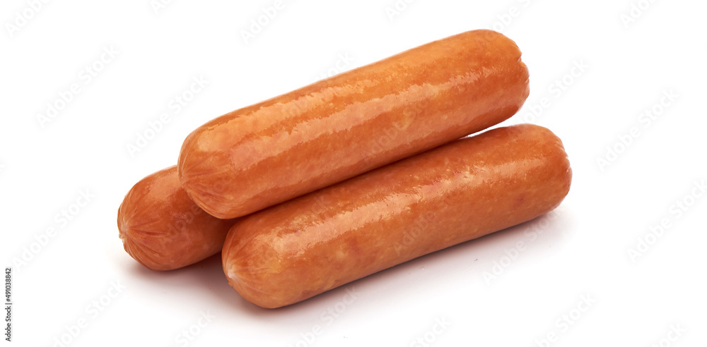 Boiled chicken sausages, isolated on white background. Boiled chicken sausages, isolated on white background.