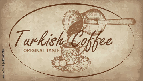 Sketch drawing logo of Turkish black coffee pouring from cezve into cup isolated on vintage background. Line art lokum. Oriental cafe label. Engraved traditional arabic hot drink. Vector illustration.