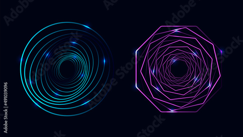 Set of twisted spirals. Sacred geometry. Tunnel with lines in the form of a circle and hexagons. Vector geometric fractal element.