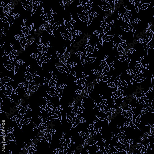 Vector. Seamless pattern floral lavender background. Contour drawing of a flower. Bouquet of wild flowers. Hand drawn flower field. Simple flowers. Flowering heads of field chamomile. Outline drawing.