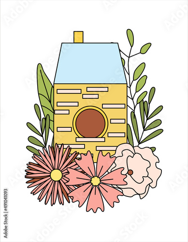 Spring Easter illustration, birdhouse with flowers composition