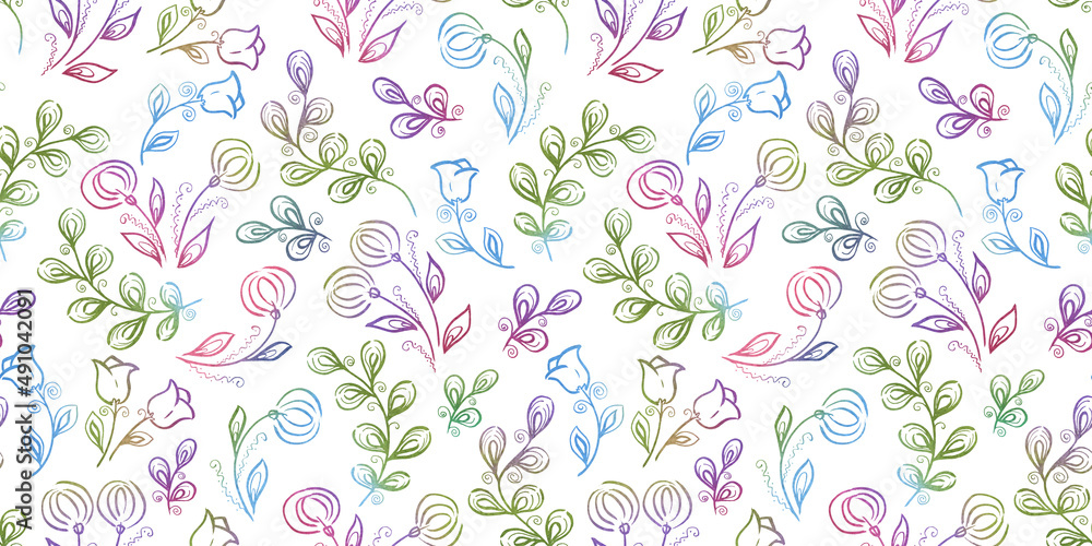Spring Seamless Pattern. Floral elements in doodle style. White background. Watercolor tropical leaves. Tulip and dandelion Flowers. Wedding Patterns with leaf