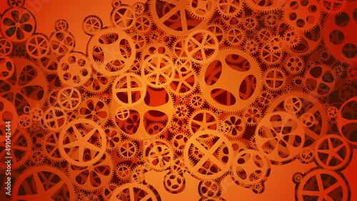 Vector horizontal background illustration with stylized gear wheels (cogwheels) in a mechanical device in red tone.