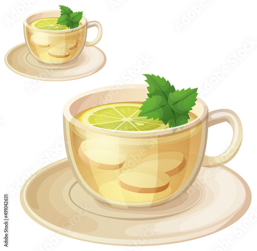 Herbal tea with ginger root and mint illustration. Cartoon vector icon isolated on white background. Series of food and ingredients for cooking.