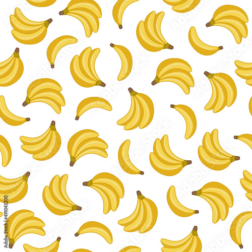 Seamless pattern with cute bananas. Vector fruit illustration with bunches of ripe bananas in a minimalist flat style, hand drawn. Print for children and for the kitchen.