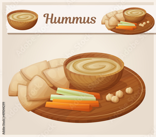 Homemade organic hummus with pita cheaps, carrots and celery vector icon. Middle eastern cuisine cartoon illustration