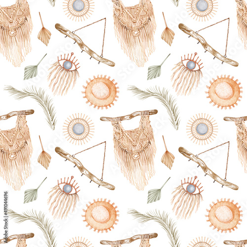 Watercolor boho seamless pattern with illustration of home interior elements ...