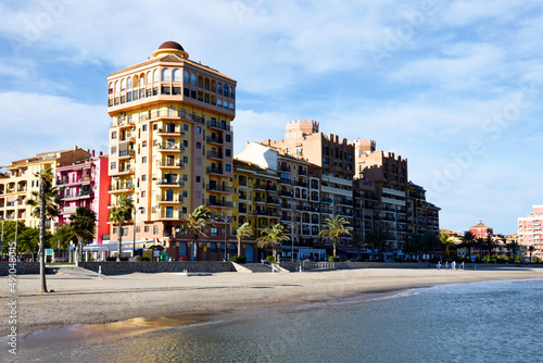 Alboraya beach with colourful house in Port Saplaya, Valencia, Spain. 