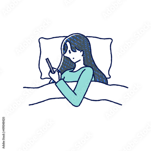 ベッドでスマートフォンを使っている女性　イラスト　手描き	