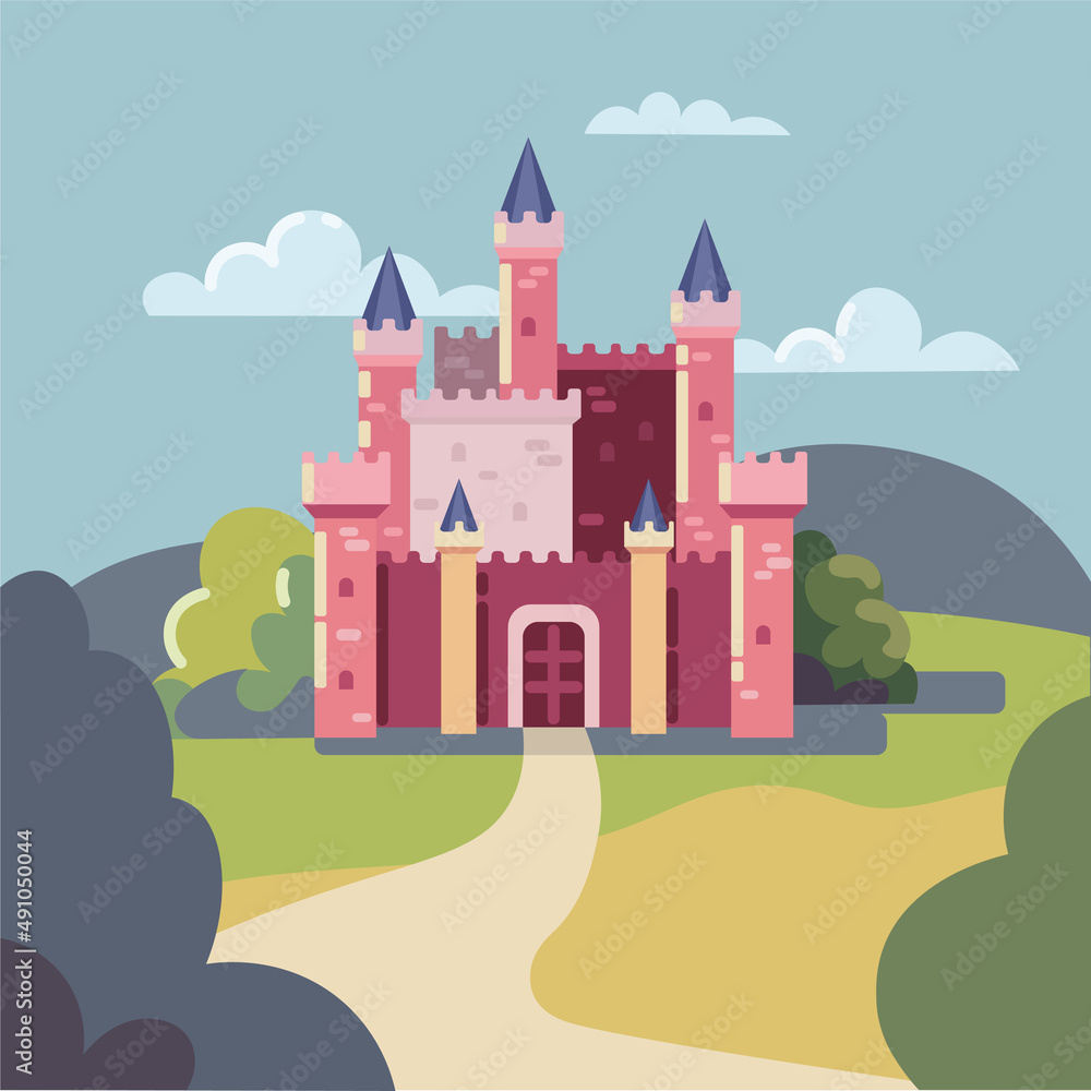Fairy medieval castles on mountains background. Vector illustration gothic palaces with towers or ancient citade in cartoon style.