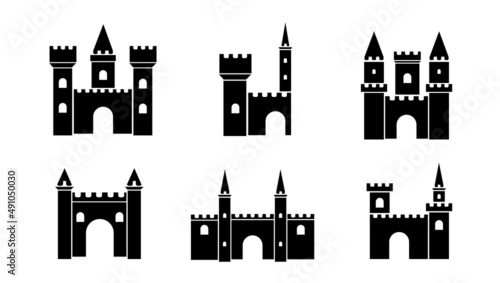 Set icons of different types of fairy medieval castles white background. Vector gothic palaces with towers or ancient citadel in cartoon style.