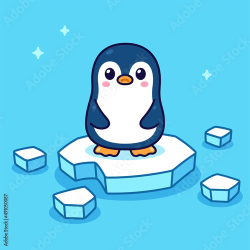 Cute sad penguin on ice