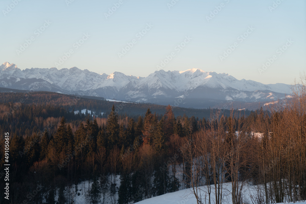 Zimowy widok z przełęczy nad Łapszanką na Tatry  Wysokie i Podhale. 