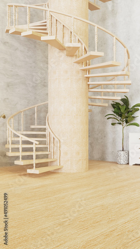 background of clean and warm living room with spiral stairs, 3D rendering