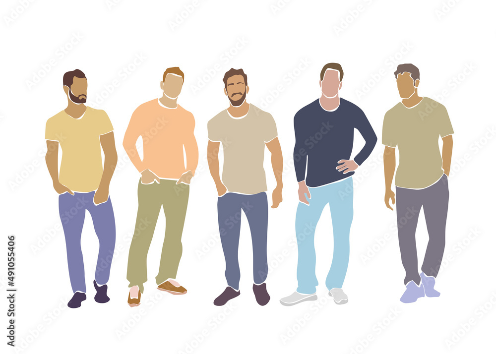 Obraz premium Colorful abstract vector illustration of five young men in t-shirts and pants