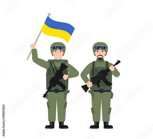 two ukrainian soldiers officers with ukraine flag stop war vector illustration