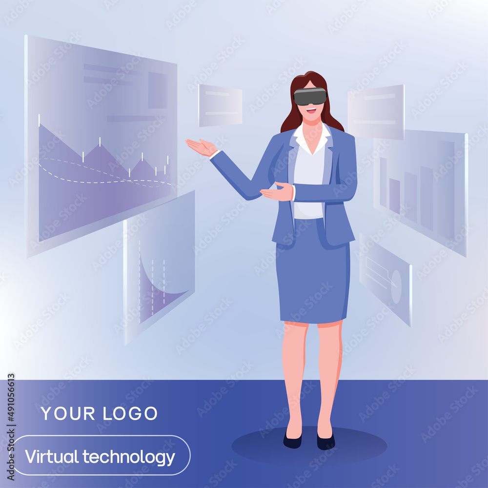 Fototapeta premium Virtual Reality Worlds Metaverse, Women in virtual reality glasses on a futuristic technology background. Augmented reality, Cryptocurrency, Metaverse, a Virtual World concept. VR. 