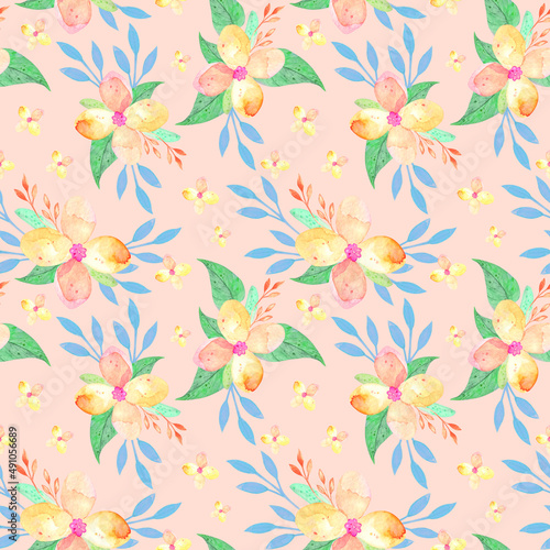 Watercolor seamless pattern with muslin flowers. Rural motif