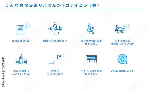 こんなお悩みありませんか？の塾アイコンセット、ベクター