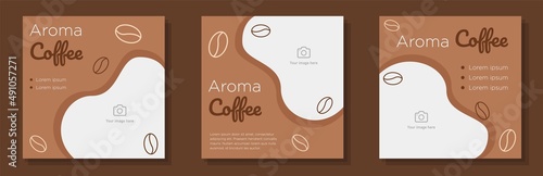Aroma coffee social media post, banner set, cappuccino beans advertisement concept, espresso, latte macchiato shop marketing square ad, abstract print, isolated on background