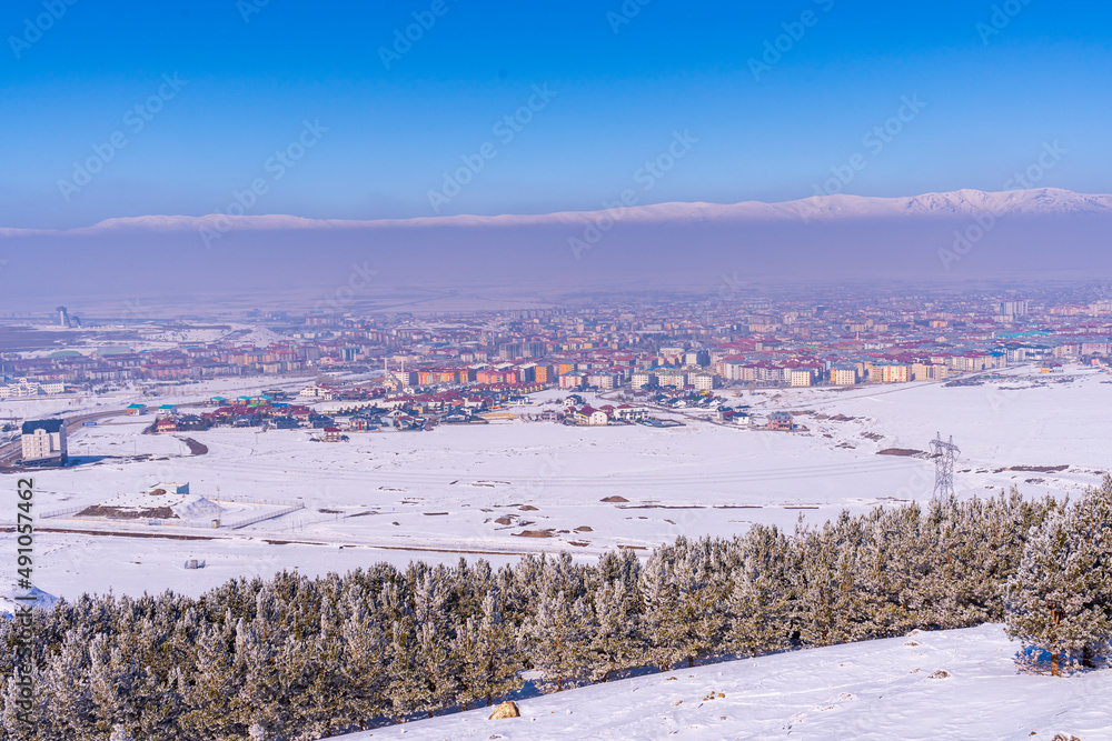 Ski slopes and Ski lifts. Small pine trees with snow. Mountain skiing and snowboarding. View of Erzurum city from Palandoken mountain