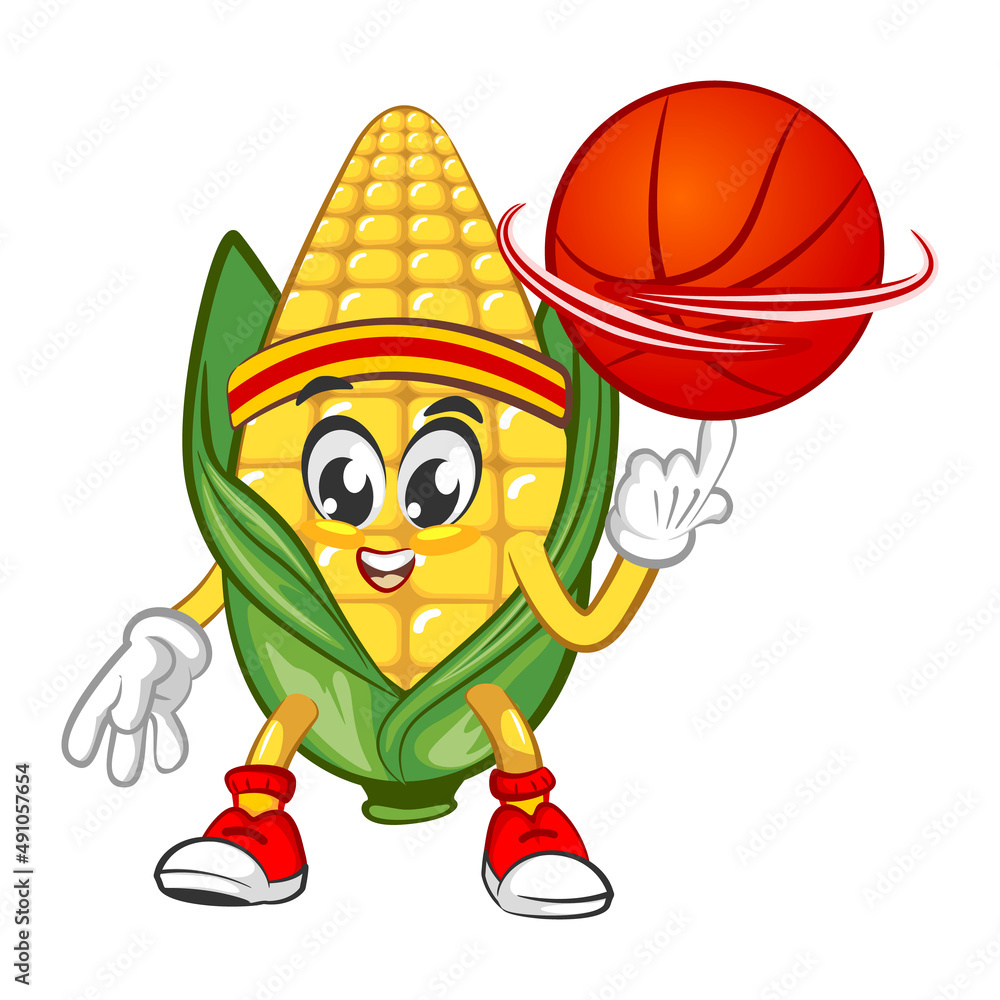 Cute corn character play basketball. Vector hand drawn cartoon kawaii mascot illustration icon. Isolated on white background. Corn character concept Cute corn character play basketball. Vector hand drawn cartoon kawaii mascot illustration icon. Isolated on white background. Corn character concept