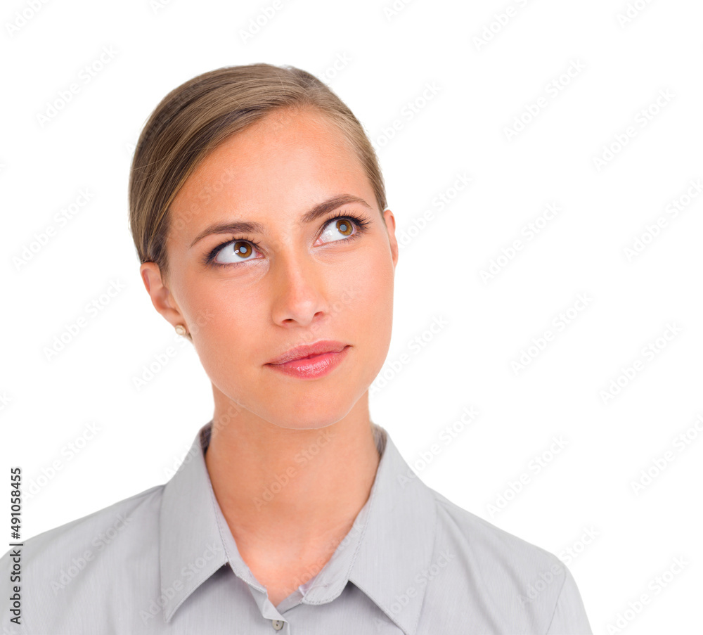 Contemplating her next career move. Studio shot of an attractive young businesswoman glancing sideways isolated on white. Contemplating her next career move. Studio shot of an attractive young businesswoman glancing sideways isolated on white.