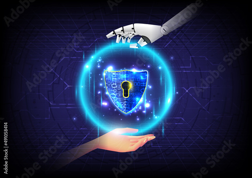 Artificial intelligence of security privacy safe. Hand of human and robot touch on glowing sphere of hexagon and shield. High computer of protection. Technology engineer of antivirus and criminal