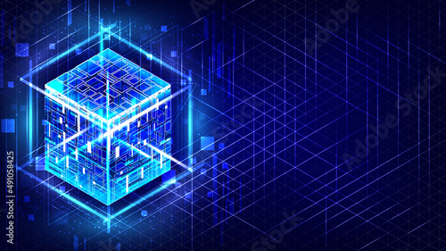 HUD energy box. Smart code. Big data. Digital chip. Glare grid lines. Glow 3D cubes. CPU core. Abstract grid background. Computer engineer. Blockchain network. Technology isometric