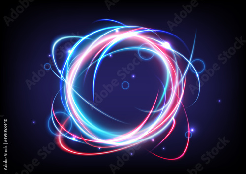 Technology glowing swirl light effect. Magic abstract frame ring. Power energy of circular element. Luminous sci-fi. Shining blue and red neon lights cosmic. Futuristic swirl universe trail effect