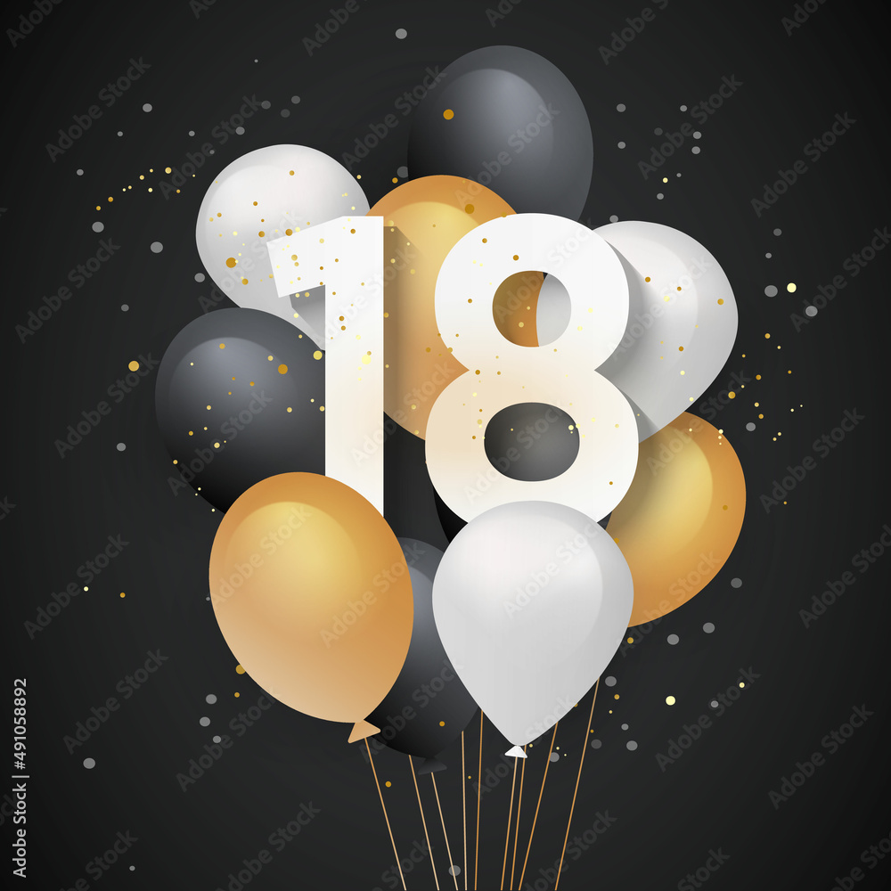 peddelen komen Consumeren Happy 18th birthday balloons greeting card background. 18 years  anniversary. 18th celebrating with confetti. "Illustration stock" Stock  Illustration | Adobe Stock