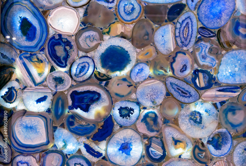 Blue agate in section. Texture and background of blue agate. photo