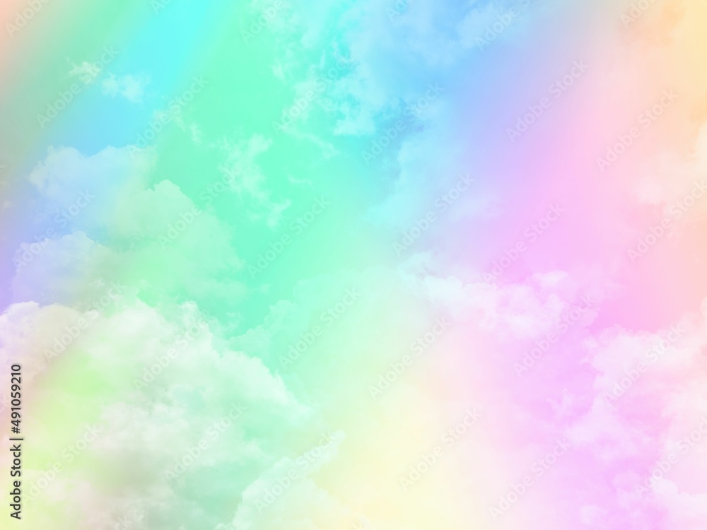 beauty sweet pastel green pink  colorful with fluffy clouds on sky. multi color rainbow image. abstract fantasy growing lights