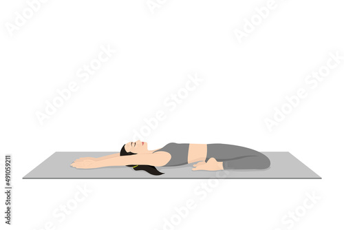 Reclining Hero Pose Variation Hands On Thights. Beautiful girl practice Supta Virasana Variation Hands On Thights. Young attractive woman practicing yoga exercise. working out, black wearing sports