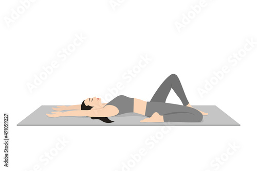 Reclining Hero Pose Variation Hands On Thights. Beautiful girl practice Supta Virasana Variation Hands On Thights. Young attractive woman practicing yoga exercise. working out, black wearing sport