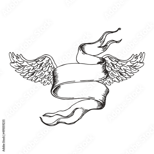 Vintage banner element with angel wings, vector illustration. Copy space for ...