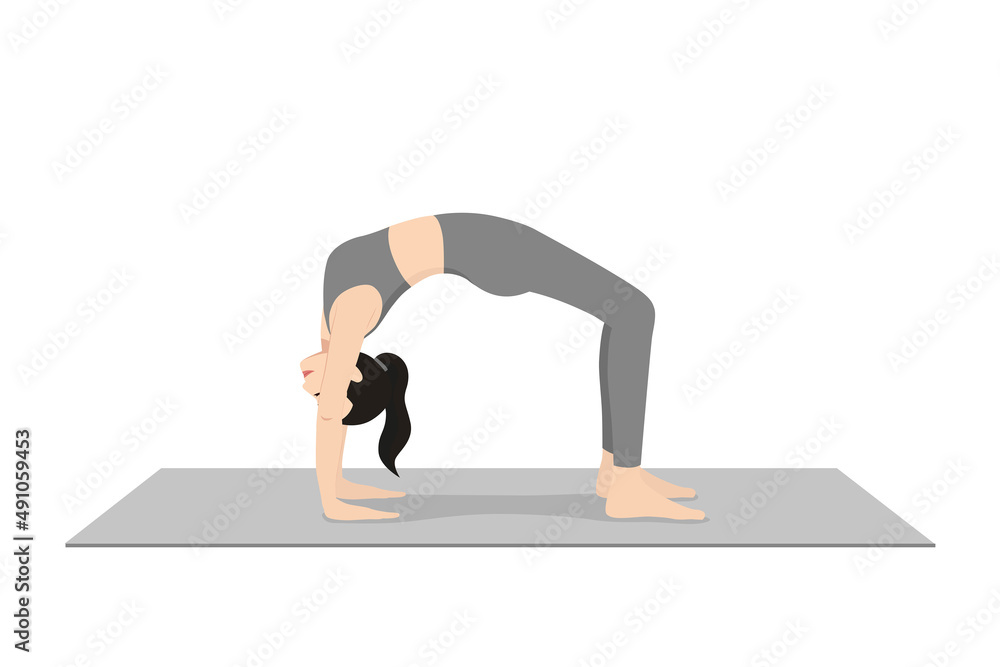 Wheel pose, Chakrasana, Upward Bow Pose. Beautiful girl practice Urdhva  Dhanurasana. Young attractive woman practicing yoga exercise. working out,  black wearing sportswear, grey pants and top, indoor Stock Vector
